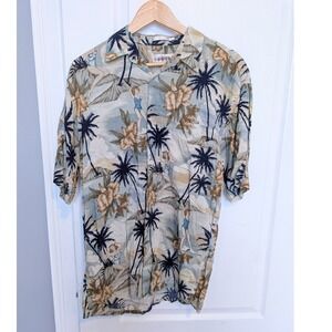 Campia Moda Mens Rayon Tropical Pin-Up Girl Hawaiian Shirt Blue Tan Medium